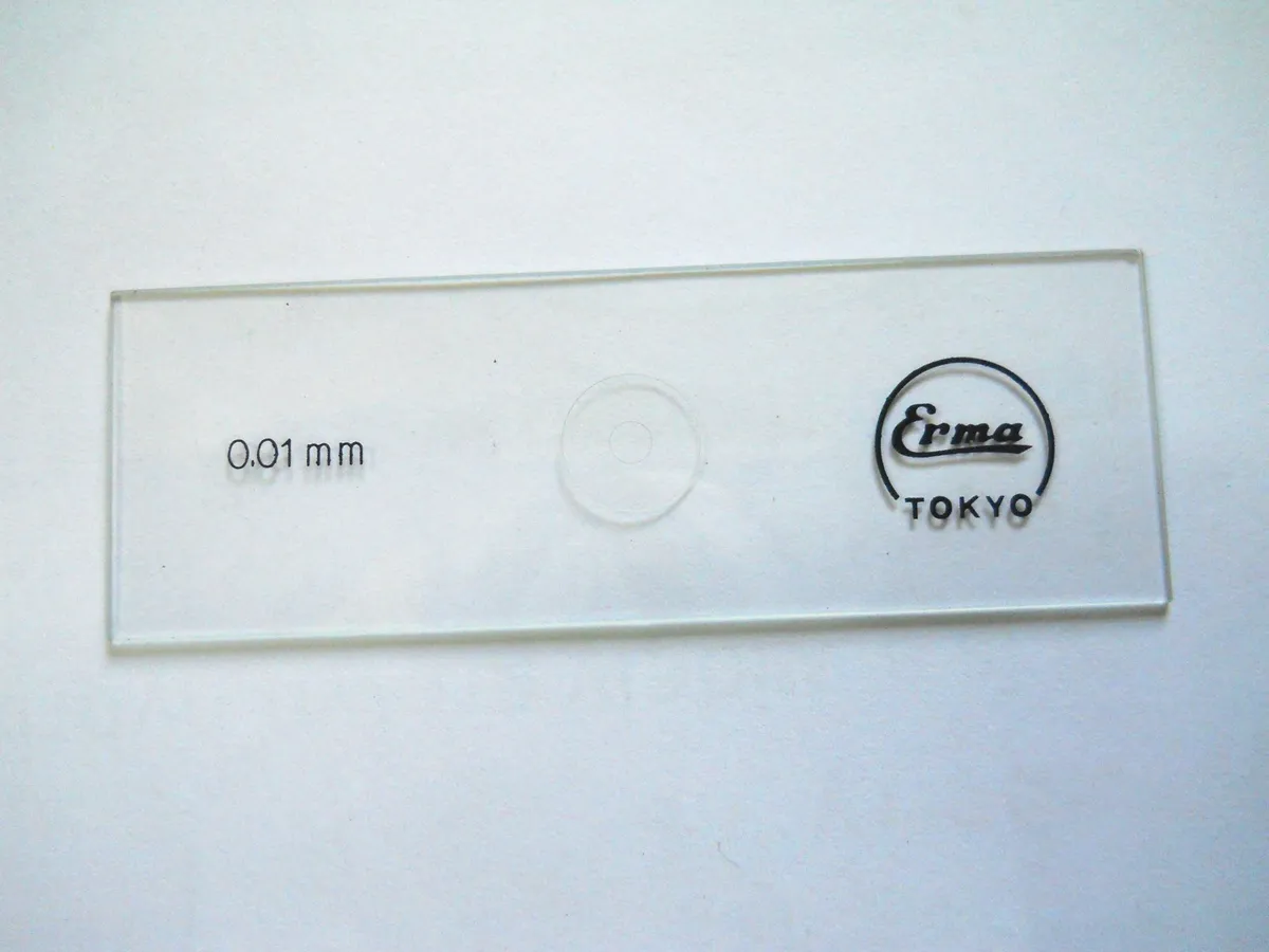 A glass microscope slide with a scale engraved in the center and the label 0.01 mm.
