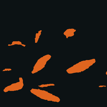 A mesma janela depois do limiar: os pixels acima do limiar em laranja sobre fundo escuro, incluindo manchas das sementes desfocadas.