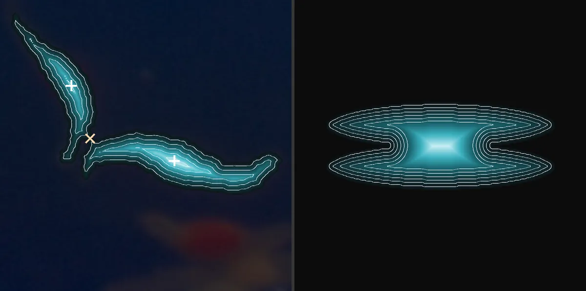 Dois quadros com mapas de distância em tons de azul. À esquerda, duas sementes reais encostadas em forma de L, com uma cruz branca no pico de cada uma e um xis laranja claro na cintura entre elas. À direita, duas elipses alongadas sintéticas lado a lado: o mapa é mais claro no meio da união, sem cintura entre os centros.